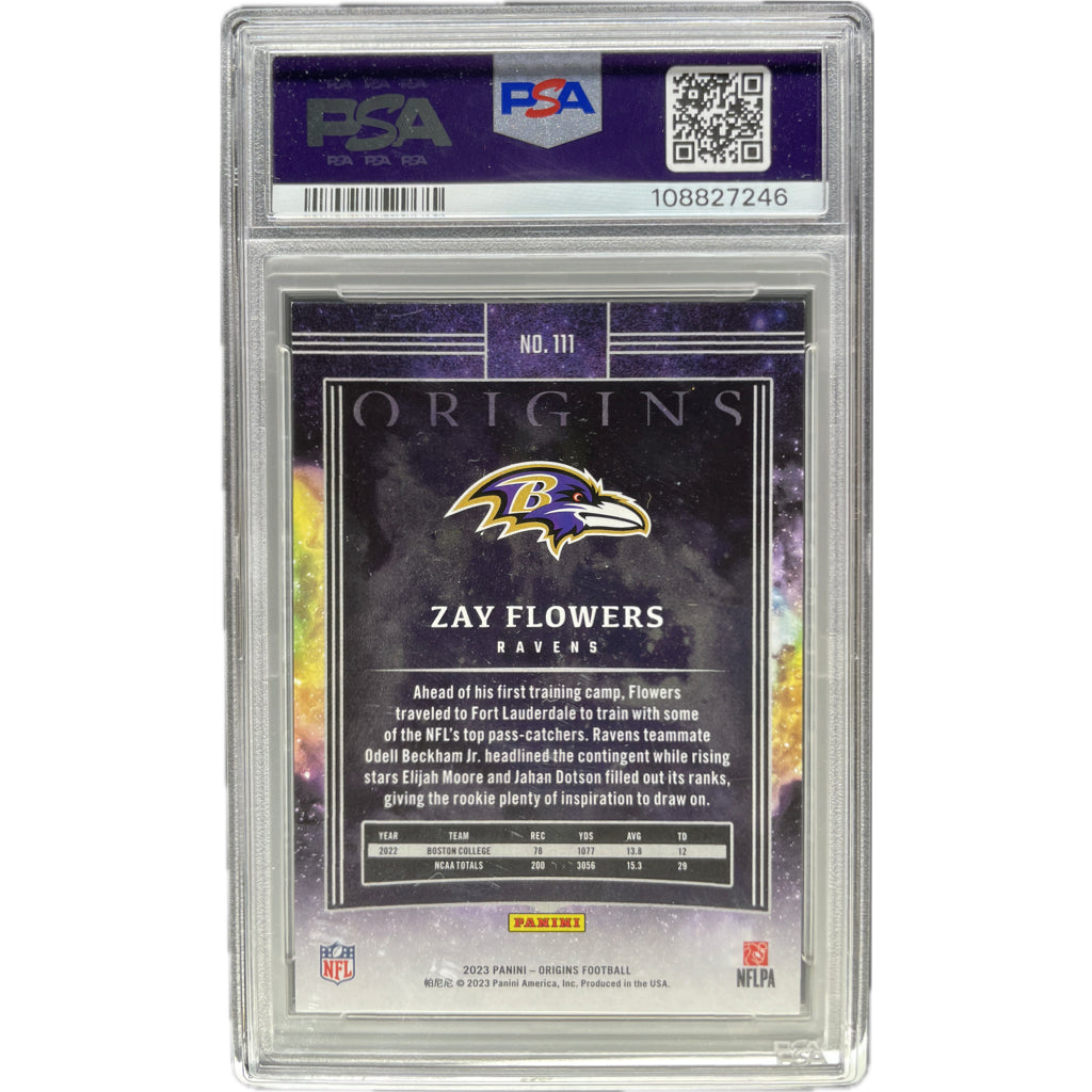 2023 Panini Origins Zay Flowers Holo Red #111 PSA 8 Auto 9