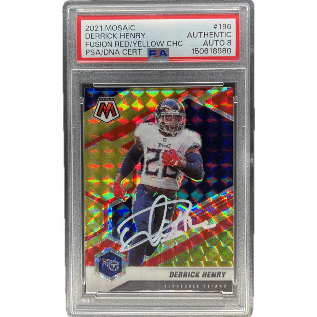 2021 Panini Mosaic Derrick Henry Fusion Red / Yellow Choice #196 PSA AUTH Auto 8