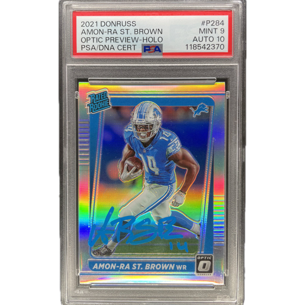 2021 Panini Donruss Amon-Ra St. Brown Optic Preview-Holo #P284 PSA 9 Auto 10
