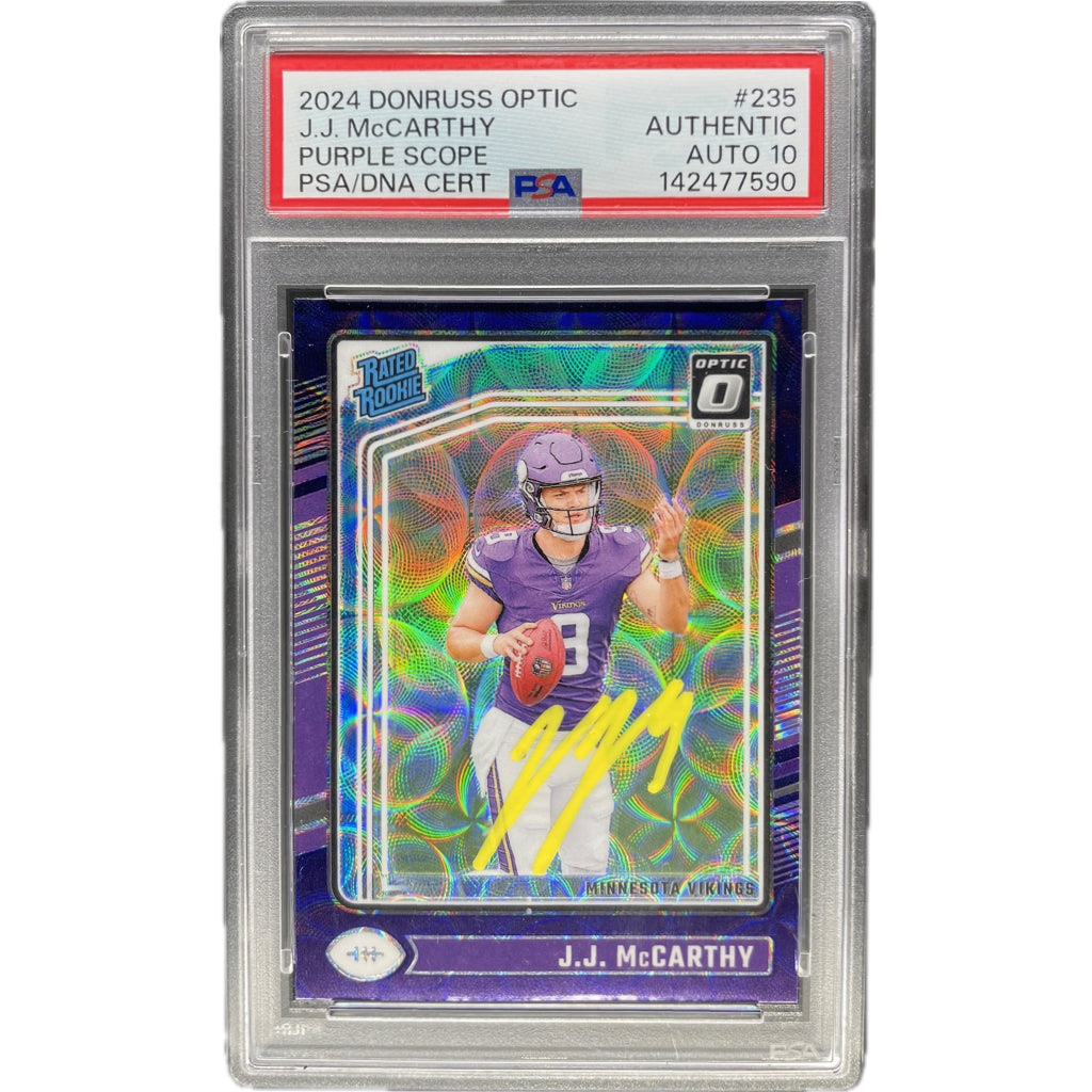 2024 Panini Donruss Optic JJ Mccarthy Purple Scope #235 PSA AUTH Auto 10