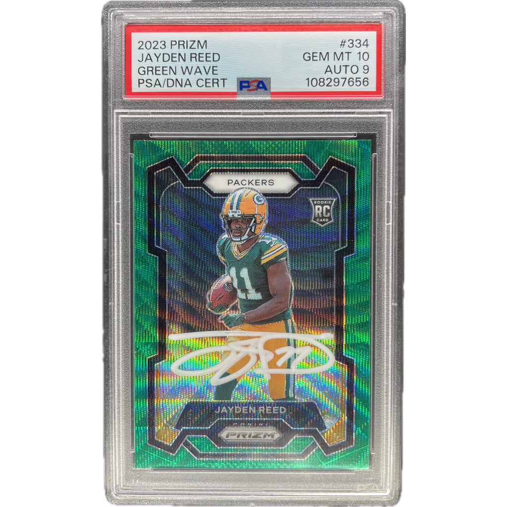 2023 Panini Prizm Jayden Reed Green Wave #334 PSA 10 Auto 9