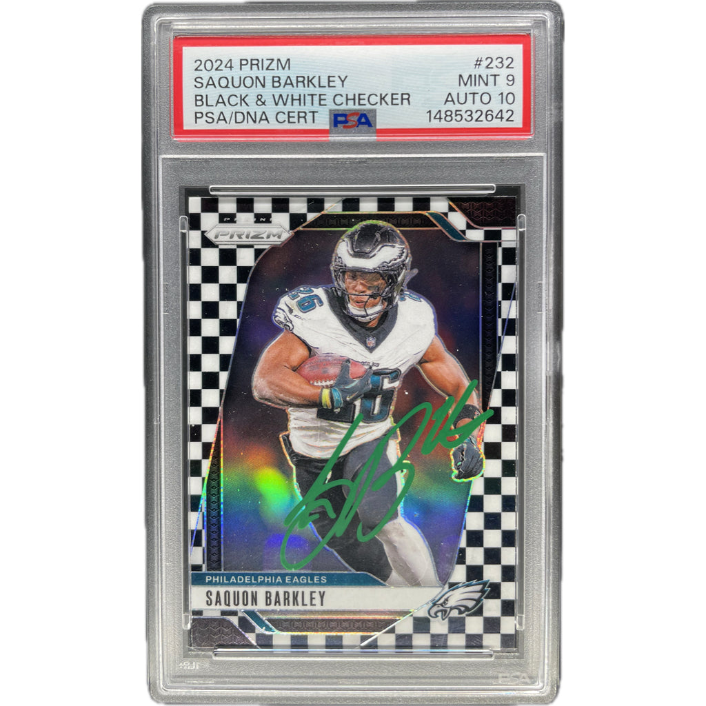 2024 Panini Prizm Saquon Barkley Black & White Checker #232 PSA 9 Auto 10