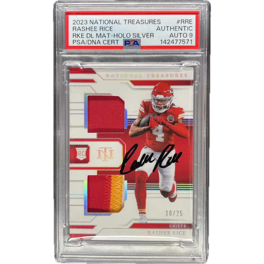 2023 Panini National Treasures Rookie Dual Materials Rashee Rice Holo Silver #RRE PSA AUTH Auto 9