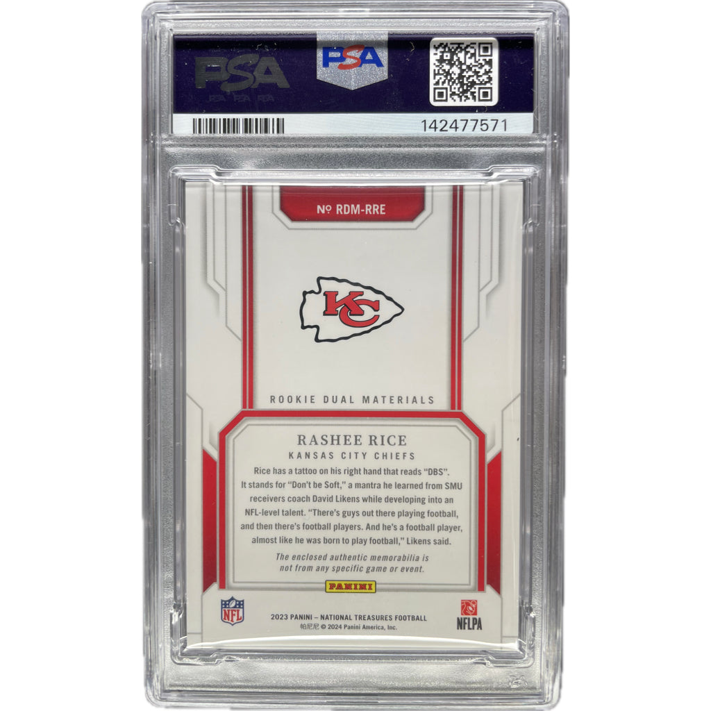 2023 Panini National Treasures Rookie Dual Materials Rashee Rice Holo Silver #RRE PSA AUTH Auto 9