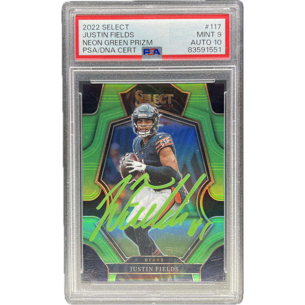 2022 Panini Select Justin Fields Neon Green Prizm #117 PSA 9 Auto 10